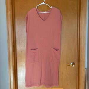 Suunday Gauze Cotton Dress Womens Large Pink V-Neck Midi Pockets Made in USA